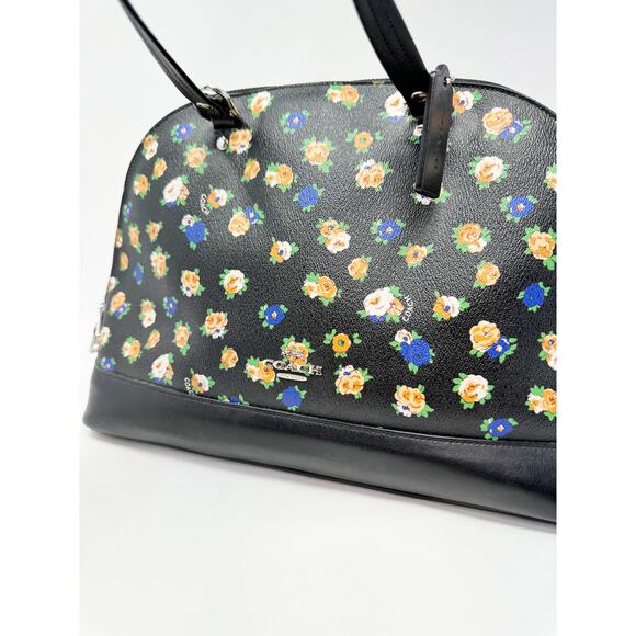 Coach Tea Rose Black Blue Floral Sierra Satchel Top Handle Doctor Crossbody Bag - Picture 5 of 8
